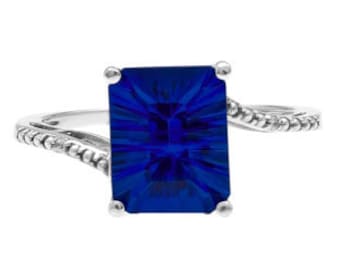 Emerald-Cut Blue Sapphire Birthstone Diamond Ring In White Rose Yellow Black Gold Silver, Blue Birthstone Color Blue September Gemstone Ring