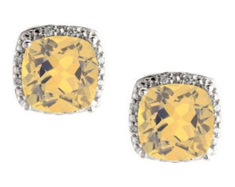 Cushion Cut Citrine November Gemstone White Yellow Rose Gold Silver Diamond Earrings November Birthstone Citrine Gemstone Stud Gold Earrings