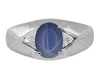 Mens Jewelry - Men's White Gold Ring With Blue Star Sapphire Stone Diamonds, Mens Gemstone Rings, Rings For Men, Mens Jewelry Mens Gold Ring