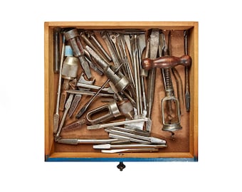 Tool Photography Print, Vintage Tools in Drawer, Man Cave Decor