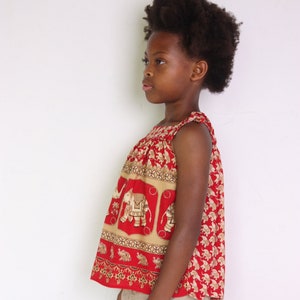 90's Indian elephant print girls blouse, strappy top for children, red and gold oriental pattern, scarf print, hippie summer top image 1