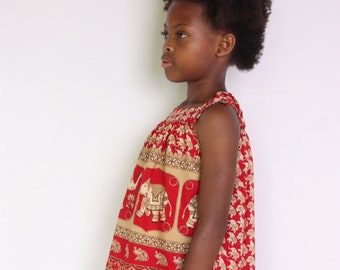 90's Indian elephant print girls blouse, strappy top for children, red and gold oriental pattern, scarf print, hippie summer top