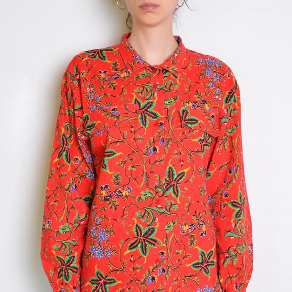 80's Oriental modèle blouse, fleurs et feuilles modèle, chemise à col, rouge, noir, blanc, jaune, vert et bleu blouse lâche longsleeve