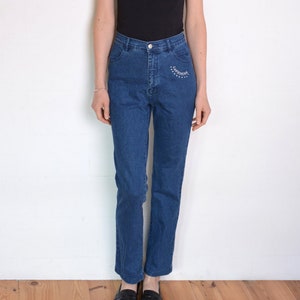 90's high waisted jeans with gemstones, dark blue stretch elastic denim high waisted pants size medium or small, bootcut trousers image 1