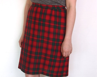 80's tartan pencil skirt, high waisted plaid pencil skirt, dark green and red tartan, schoolgirl, preppy large