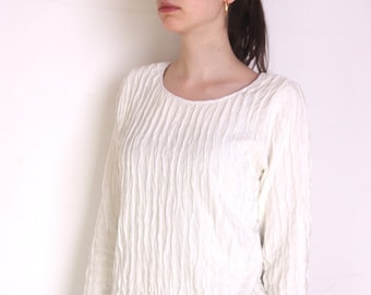 80's witte getextureerde blouse, van witte, crème zijdeachtige blouse, longsleeve top, ivoor wit