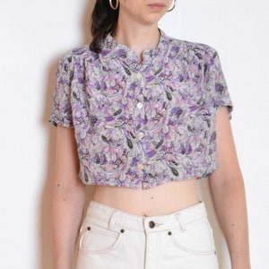 90&#39;s feather print silk top, short summer blouse, purple buttoned up crop top shirt, retro vintage small