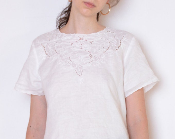 80's Hand Embroidered Flax Blouse White Openwork Linen - Etsy