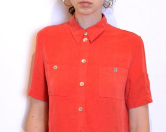 90s cupro blouse, red silky shirt, classic minimalist preppy blouse, small or medium