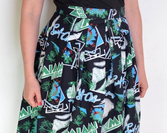 90's flared Miami Beach print skirt, black a line midi pin up rockabilly pop art, palm trees, surf, kitsch diner waitress uniform full skirt