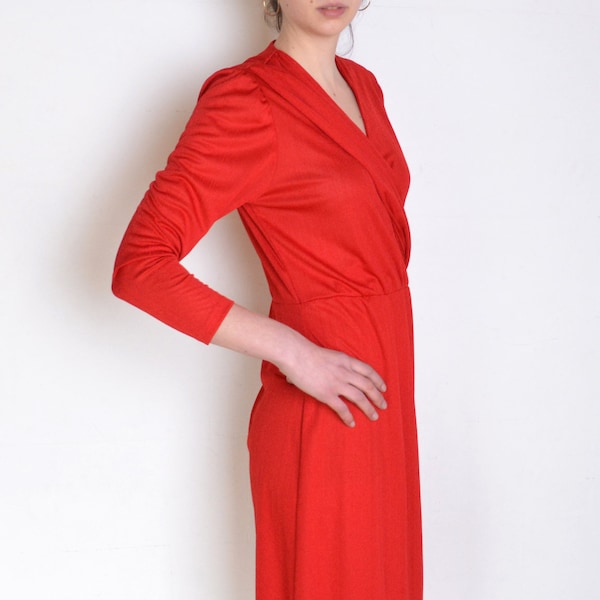 80's red wrap over neckline dress, red evening dress, tea dress, cocktail dress, retro longsleeve midi dress, cache coeur dress