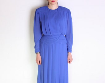 80's electric blue dress, vintage midi dress, basque bodice pleated dress, double breasted longsleeve tea dress