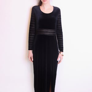 90's velvet sheer stripes maxi dress, black velvet long dress, black minimalist, slit, grunge dress, evening bodycon dress image 1