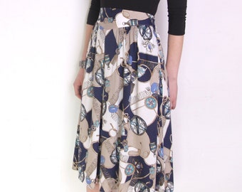 90's scarf print midi skirt, flared a line high waisted long skirt, crest ropes print, baroque print, preppy, white navy beige blue gold