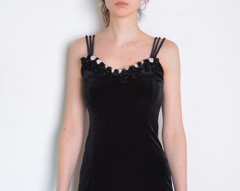 90&#39;s velvet dress with satin roses, little black dress, bodycon dress, evening dress, cocktail dress, mini dress, black and white grunge