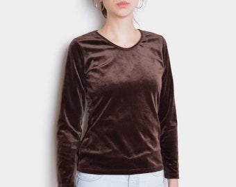 90's chocolate brown velvet blouse, simple vintage grunge blouse size small or medium