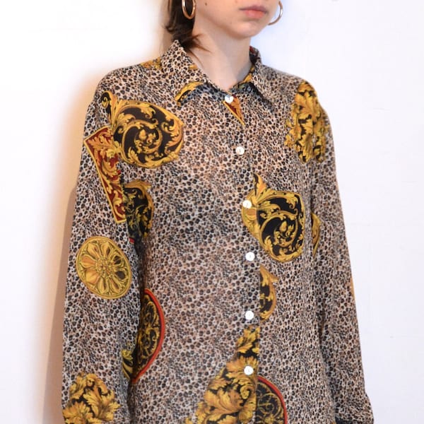 90s baroque print blouse, leopard print gold, red, black and plus size vintage shirt large xl