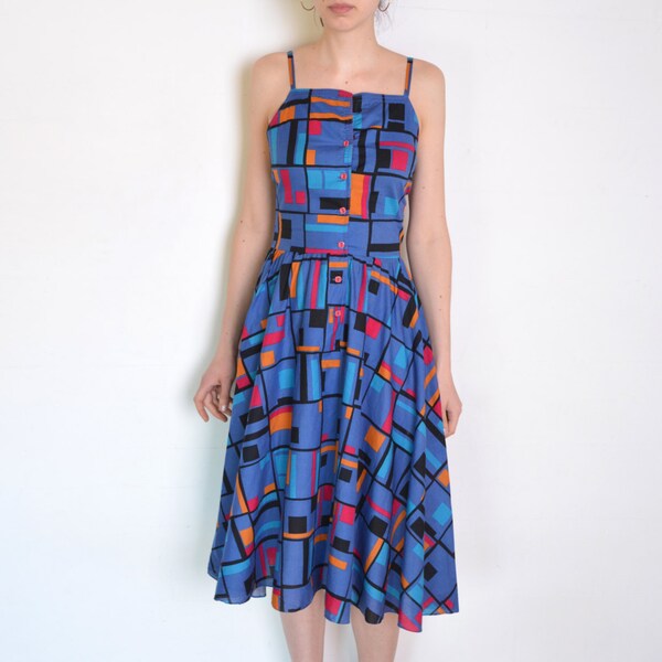 80's geometric print midi dress, strappy dress, flared a line multicolor dress modernist graphic print Mondrian