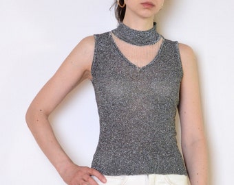 90's beaded detail metallic knit blouse, silver and black high neck grunge top, sleeveless mock neck blouse, lurex