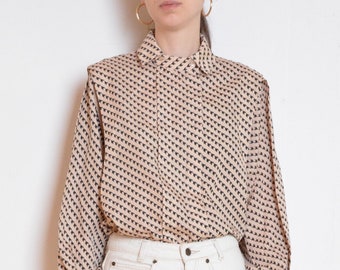 80's houndstooth blouse, beige and black collared blouse, mod retro vintage office shirt large XL