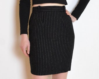 90's pinstripe skirt, wool blend black and white stripes, high waisted minimalist vintage skirt, small