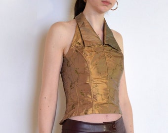 90's corset taffeta blouse, golden tied up top, y2k vintage size small