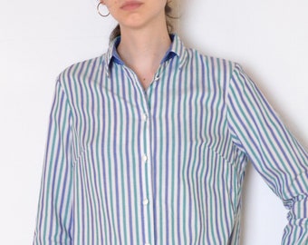 80's striped shirt, blue green and white buttoned up collared blouse, retro vintage shirt medium