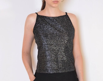 90' metallic thread top, silver and black shiny blouse, grunge disco minimalist lurex strappy top size medium