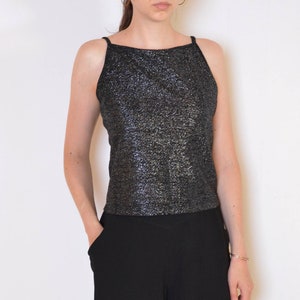 90' metallic thread top, silver and black shiny blouse, grunge disco minimalist lurex strappy top size medium