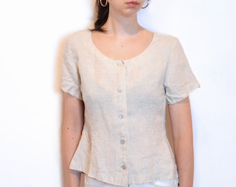 90s Danish linen top, natural beige flax blouse, Scandinavian vintage minimalist summer top size small or medium