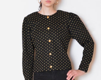 80's golden polka dot blazer, French retro vintage blouse, black and gold dots Parisian chic wool blend lurex metallic cardigan size medium