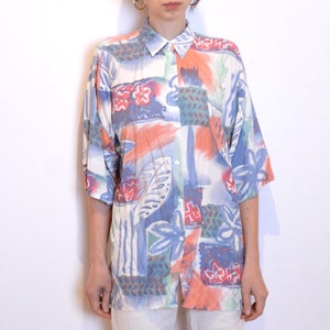 90s abstract print blouse, floral print summer shirt, large, xl, oversized