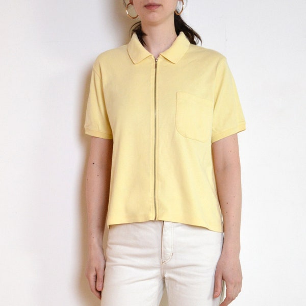 90's zipped pastel yellow blouse, pastel yellow jersey collared top, large xl