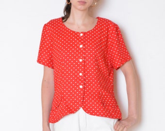 90's polka dot blouse, red and white retro button up shirt, vintage pin up plus size  xl large blouse