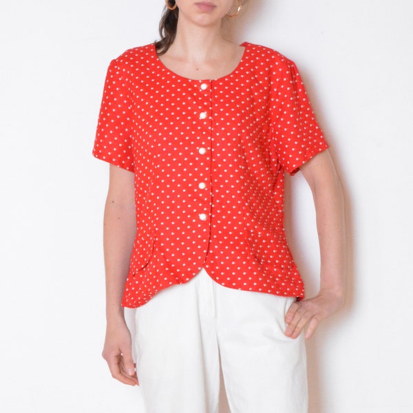 chemisier à pois des années 90, rouge et blanc rétro bouton chemise, broche vintage de plus grande blouse de taille xl