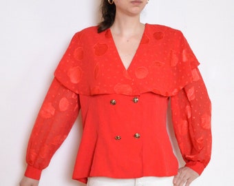 80's seashell pattern red chiffon blouse, retro vintage shirt kitsch xl xxl plus size