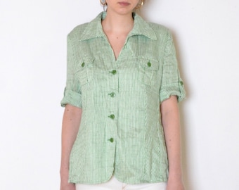 90's Basler striped flax blouse, green and white short sleeves top blazer, retro nautical vintage