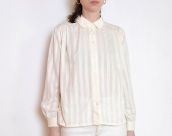 70's cream white blouse, striped retro Parisian chic blouse, medium large