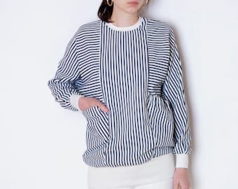 80's contrasting stripes blouse, navy blue and white geometric graphic sweathirt vintage top large medium