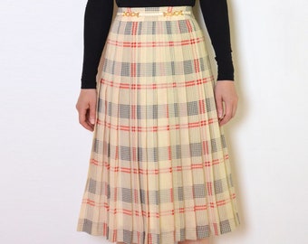 70's Céline Paris skirt, pleated plaid print a line midi beige retro vintage designer medium