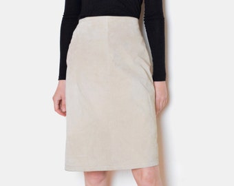 90's beige suede pencil skirt, high waisted minimalist vintage midi skirt, medium