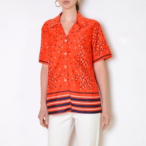 70&#39;s geometric print blouse, silky red, white, navy blouse, retro top large xl