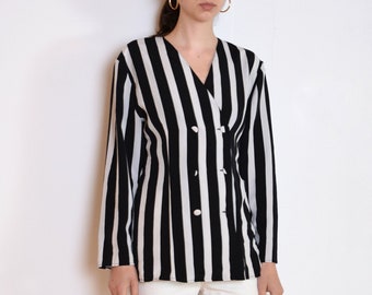 80's striped blazer, black and white stripes blouse, light jacket, retro vintage nautical Beetlejuice suit jacket size medium large