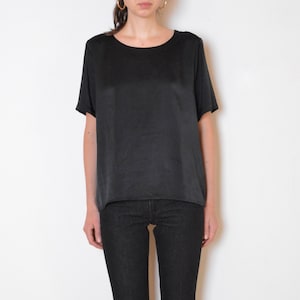 90's Yves Saint Laurent top, black satin t shirt, vintage YSL Paris French designer blouse, wool silky minimalist medium large image 1
