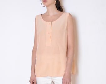 90's powder pink silk top, pastel salmon pink orange beige minimalist sleeveless top, strappy blouse medium large