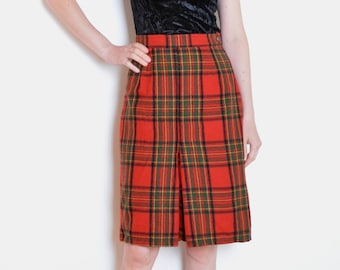 80er Jahre Tartan Rock mit Falten Detail, Midi rot karierten Rock, karierte Knie Länge Rock, rot, Marine, grün schwarz gelb Rock