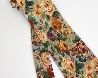 90's  Kenzo Paris silk tie, floral green, beige, brown roses, vintage necktie by French designer Kenzo Takada