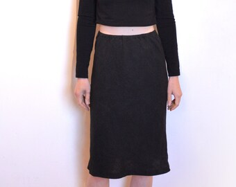 90s black linen skirt, bias cut slip skirt, flax midi skirt, minimalist vintage size medium