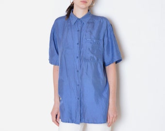 minimalist vintage button down large 90/'s blue silk blouse short sleeve collared shirt