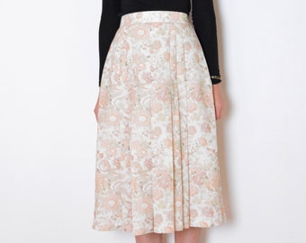 90's pleated floral skirt, pastel white pink beige rose print midi skirt, flared a line retro British vintage midi skirt medium